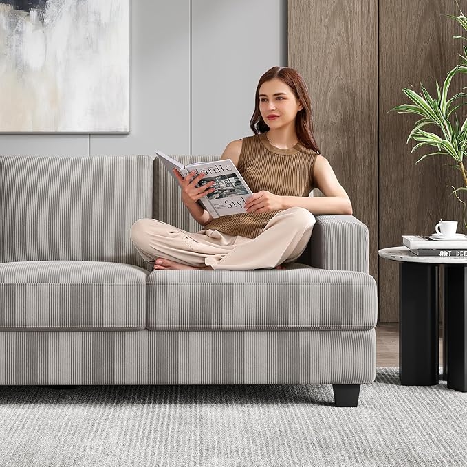 89 Inch Sofa with Extra Deep Seats Oversize 3 Seater Sofa for Living Room Modern Couch and Sofa Comfy Armrests and Seats and Backrests Easy Installation Corduroy Fabric Light Grey