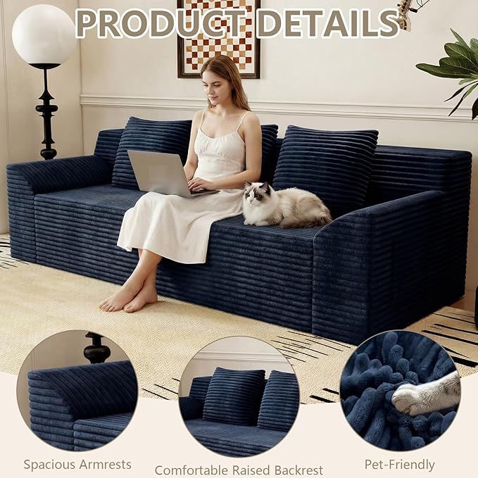 71 Love Seat Couches Corduroy Boneless Loveseat with Deep Seats 2 Seat Couch Apartment Size Couch with 3 Pillows&ampSide Pockets for Bedroom Office No Assembly Required Blue