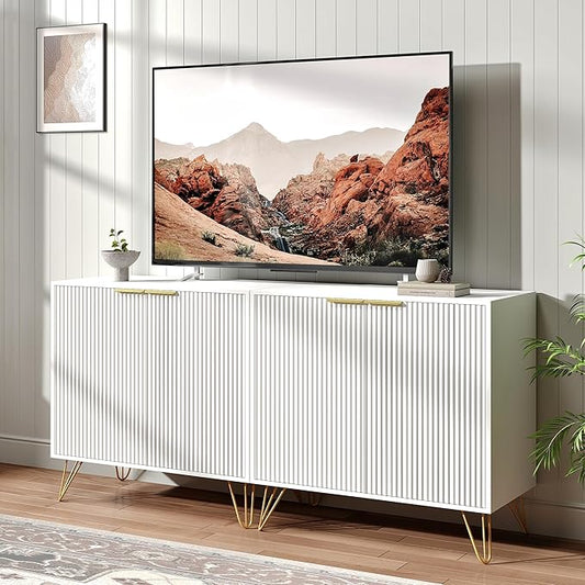 Fluted TV Stand for 60 Inch TV Modern TV Stand White Entertainment Center w/ 2 Storage Cabinets Adjustable Shelves &amp Gold Handles Wood Media Cabinet for Living Room White