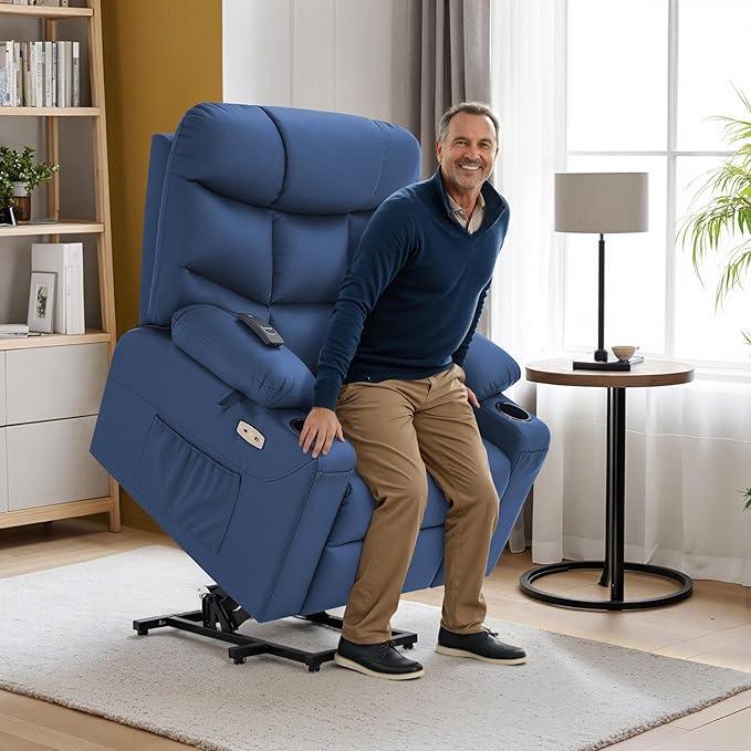 MCombo Power Lift Recliner Chair with Extended Footrest for Elderly People Faux Leather 7287 (Navy Blue Medium)