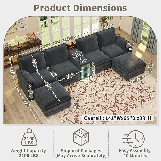 Modular Sectional Sofa 6 Seat U Shaped Couch Smart Module-Bluetooth Speaker/RGB Light/Humidifier/Charging Station Chenille Sectional Couches for Living Room with 2 Movable Ottomans (Dark Grey)