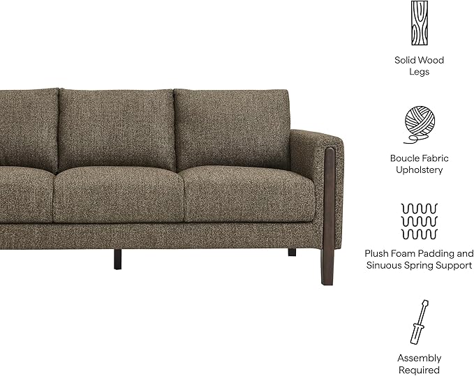 Modway Hawken 75 Inch Mid-Century Modern Boucle Sofa in Antique Espresso with Wood Legs – Comfortable 3-Seater Couch for Living Room Apartment or Office Lounge