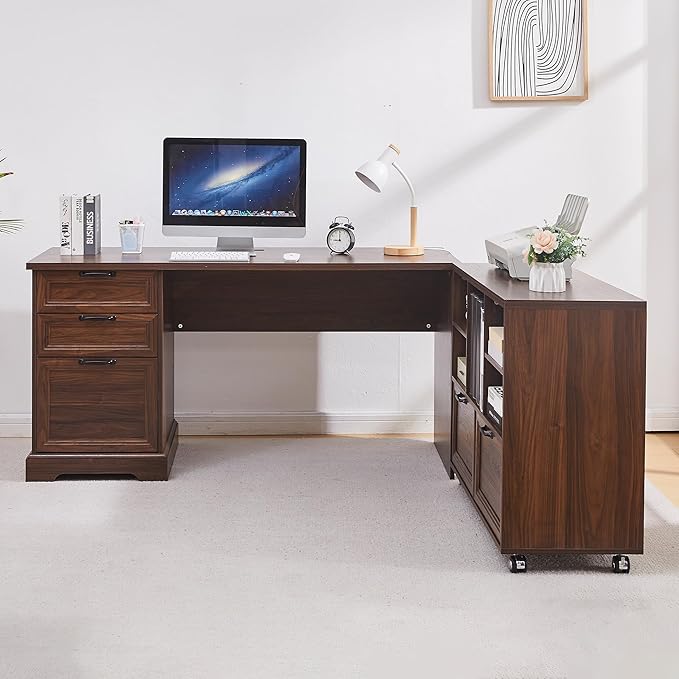 60L-Shaped Executive Desk with 40Adjustable File CabinetFarmhouse Home Office Desk with Charging StationOffice Desk with Storage DrawersWood Computer Desk Set for Office WorkHome Study (Brown)