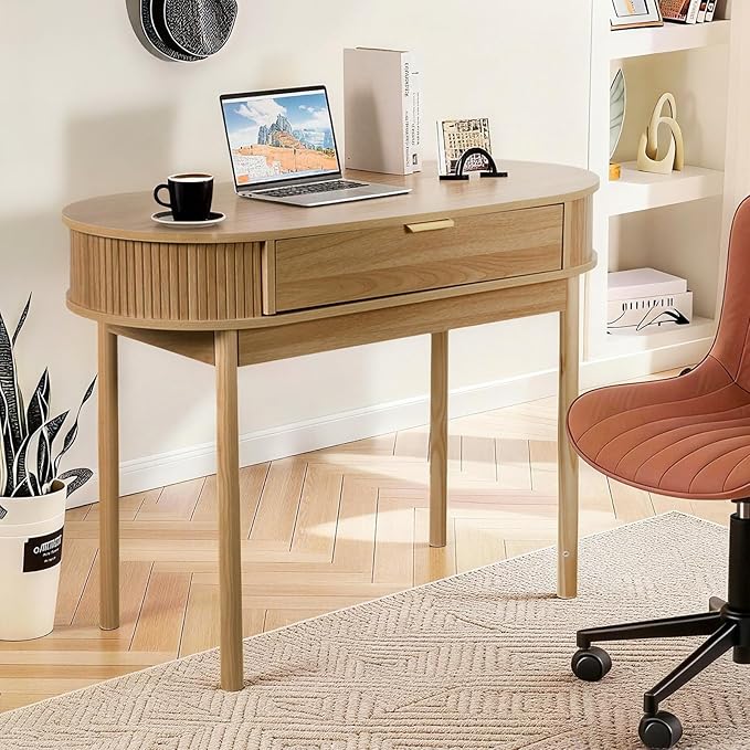 Fluted Small Computer Desk with Drawer 40 Inch Mid-Century Modern Writing Desk with Solid Wood LegsCompact Study Table for Small Spaces Home Office BedroomWalnut