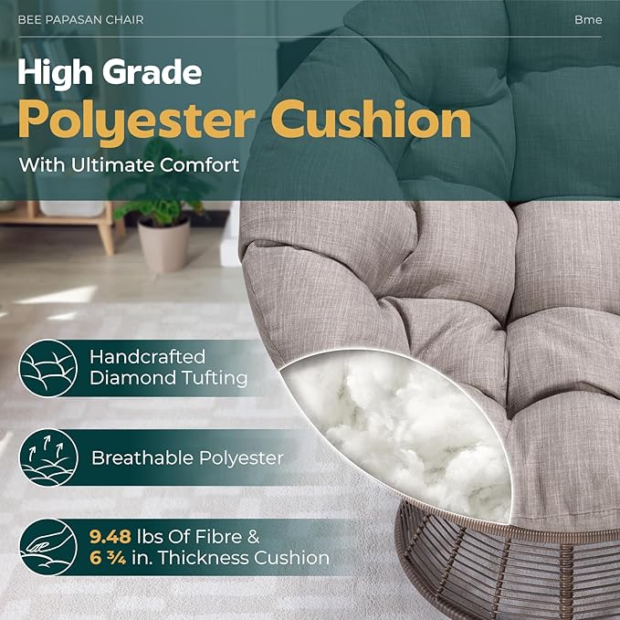 Bme Silver - Brown Bee Base 40 Ergonomic Wicker Papasan Chair with Soft Thick Density Fabric Cushion Bee-Designed Base High Capacity Steel Frame 360 Degree Swivel for Living Bedroom Reading Room