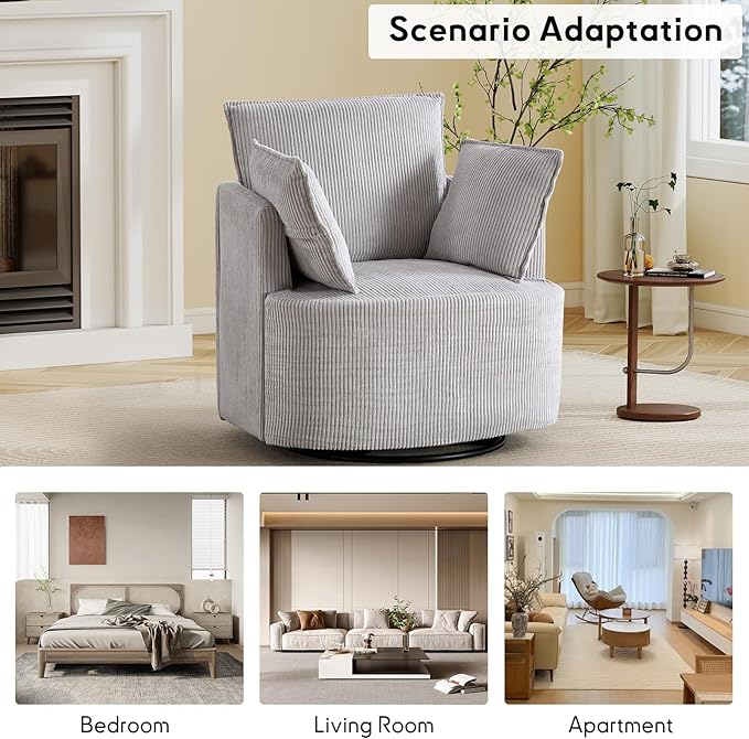 Bonzy Home 360° Swivel Accent Chair Comfy Corduroy Swivel Barrel Chair with 2 Soft Pillows Single Sofa for Living Room Bedroom Light Grey