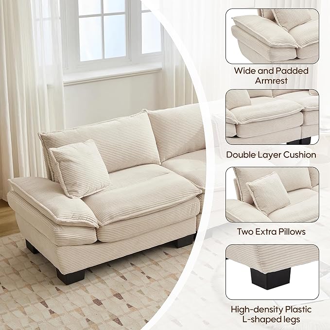 Modern 84 Corduroy Loveseat Sofa Ultra-Comfy Couch with 2 Pillows for Apartment Living Room Bedroom Home Office (Beige)