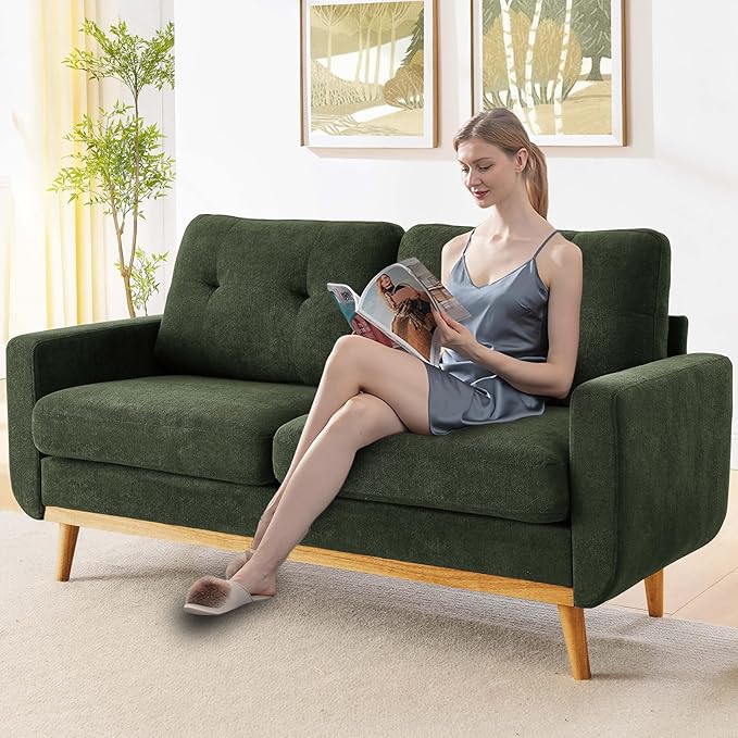 68“ Mid Century Modern Loveseat Sofa for Small Living Room Rraditional 2 Seater Couch for Office Apartment Bedroom Mini|Small|Vintage|Wood Frame|Chenille Fabric|600 LBS|Tufted (Saga Green)