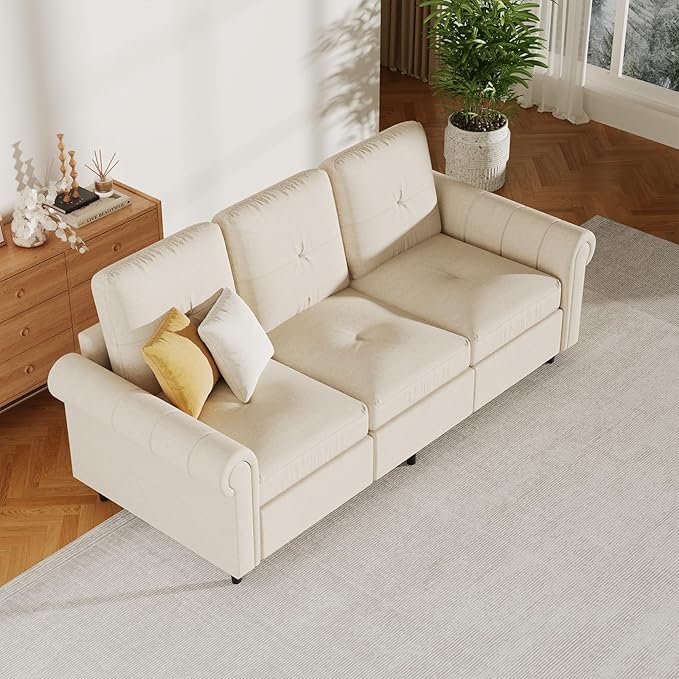 81.1 Modern Fabric Sofa Couch 3-Seater Beige Upholstered Sofa with Rolled Arms and Stitch-Tufted Cushions Comfortable Living Room Furniture for Home or Apartment