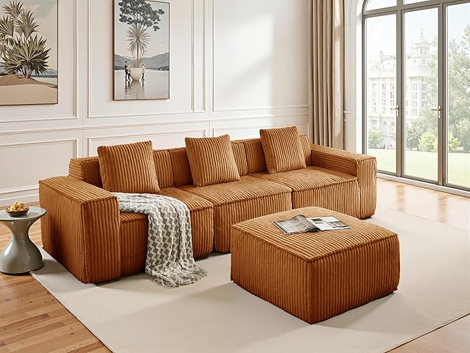 L-Shaped Corner Corduroy Sectional Sofa 4 Seat Modular Boneless Sofa Foam Cloud Couch with Movable Ottoman and Toss PillowsModern Deep Seat Convertible Chaise Sofa