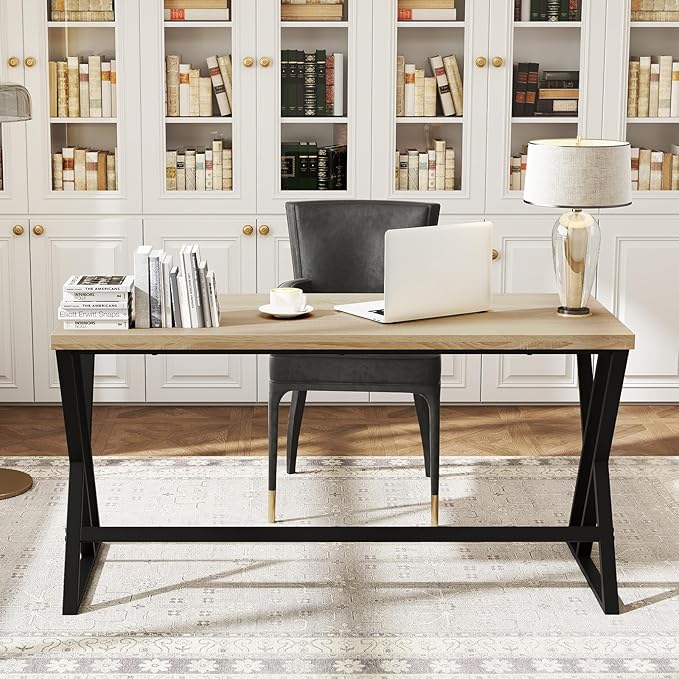 Giantex Large Computer Desk 59 Industrial Home Office Desk with Z-Shaped Metal Leg &amp Crossbar Rustic Laptop Computer Workstation Modern Simple Executive Writing Desk for Gaming Study Grey Oa