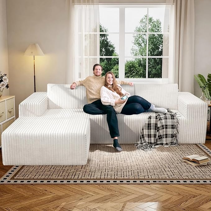 94 Modular Sectional Sofa Boneless Couches for Living Room L-Shape Sofa CouchesCloud Couch Sectional Comfy Corduroy Sofa with Deep Seat No Assembly Required (White 94+Left Facing Chaise)