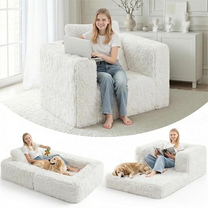HABUTWAY Convertible Sofa Bed 3-in-1 Futon Sofa Bed with Pillow Foldable Pull Out Floor Sofa Bed with Removable Cover Plush Boneless Couch for Living Room/Bedroom/Dorm(TwinWhite)