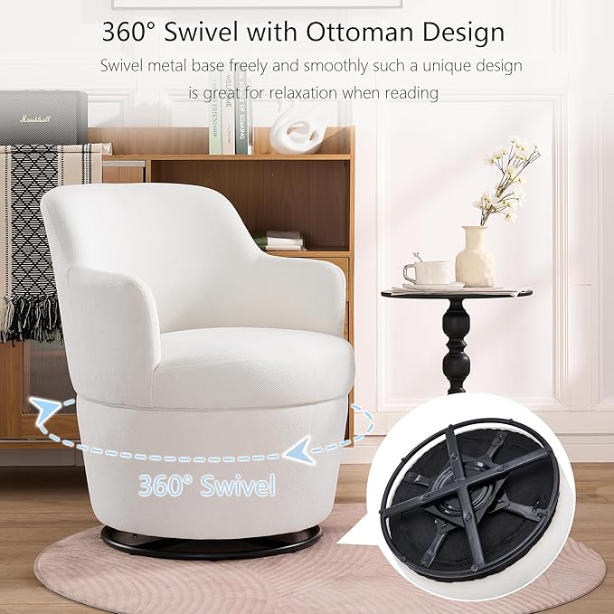 Swivel Accent Chair with Ottoman Fabric Small Barrel Chair with Footstool Modern Round Bedroom Chair for Living Room Beige