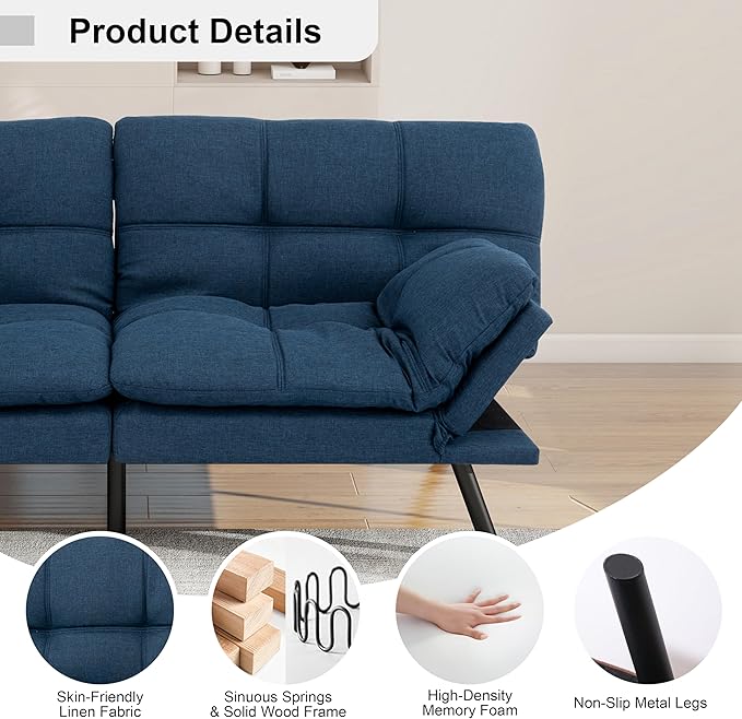MUUEGM Futon Sofa Bed 71 Comfortable Memory Foam Futon Sofa with Adjustable Backrest &amp ArmrestsConvertible Folding Loveseat Recliner Sleeper Sofa Bed for Compact Living Room Apartment Office