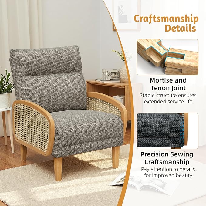 Rattan Accent Chairs Set of 2 Arm Chair with High Resilience Cushion Armchair with Sturdy Ash Wood for Living Room Brownish Gray