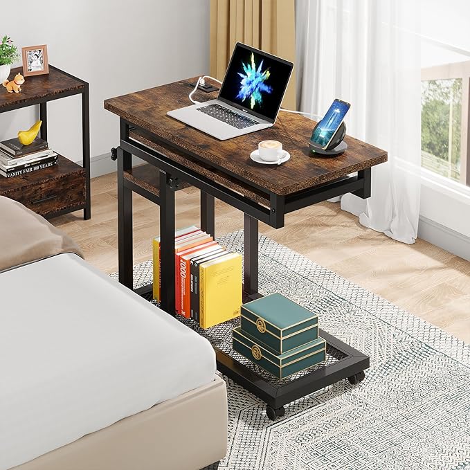 Tribesigns Small Portable Desk with Power Outlet Height Adjustable Sofa Couch Bedside Laptop Table with Wheels Mobile Standing Desk Rolling Computer Cart C Side Table with USB Ports