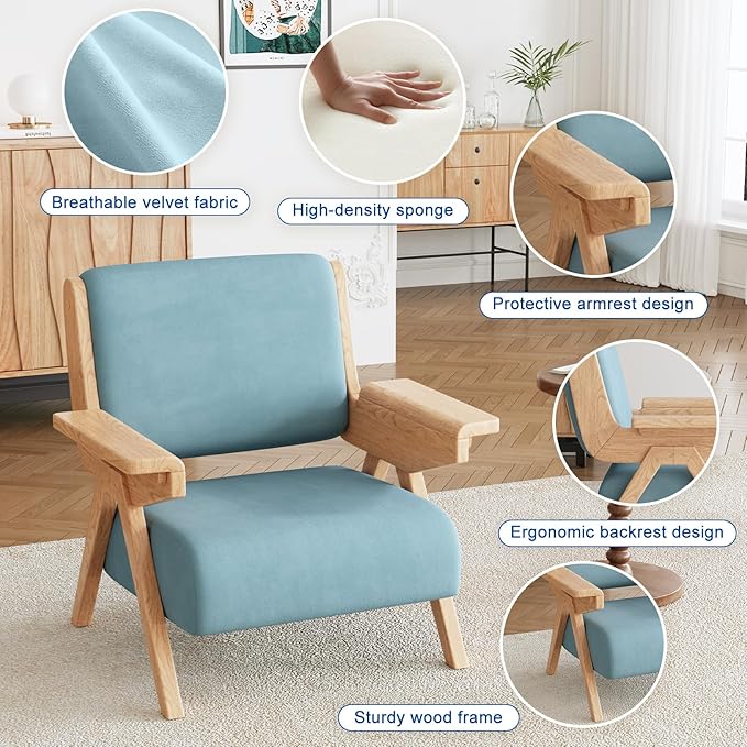 Accent Chair Mid Century Modern Chair Velvet Upholstered Lounge Arm Chair with Solid Wood Cozy Reading Chair for Living Room Bedroom Balcony (Blue Single Chair)
