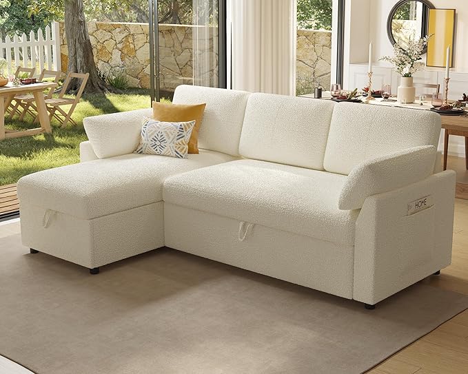 Jocisland Sofa Bed L Shaped Sleeper Sofa with Storage Chaise Pull Out Sofa for Living Room Guest Room Apartment White Boucle Couch