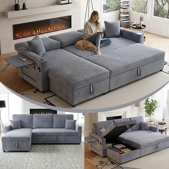 83 Sleeper Sectional Sofa Comfy Convertible Sofa Bed with Pull Out Couches Small Desktop Corduroy L Shaped Couch with Reversible Storage Chaise &amp USB for Living Room Apartment Grey