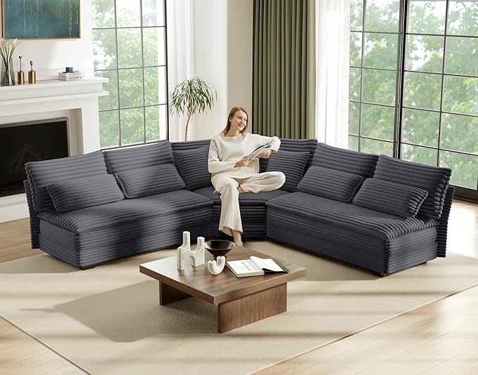 5-Seater Sectional Couch 102 L-Shaped Corner Sofa Oversized Corduroy Cloud Couch with 2-Layer Cushions for Living Room Aparment (Darkgray)