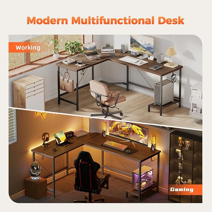 Mericonia 66 inch Large L Shaped Desk Simple Corner Gaming Desk with CPU Stand &amp Hooks Computer Desk for Home Bedroom &amp Office Workspace Walnut