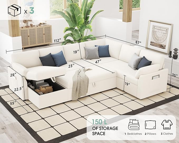 VanAcc Pull Out Sofa 112 Inch Oversized U Shape Sleeper Sofa Couch with Storage Chaise &amp 3 Seater Comfy Couch with Pull Out Bed for Living Room White Boucle