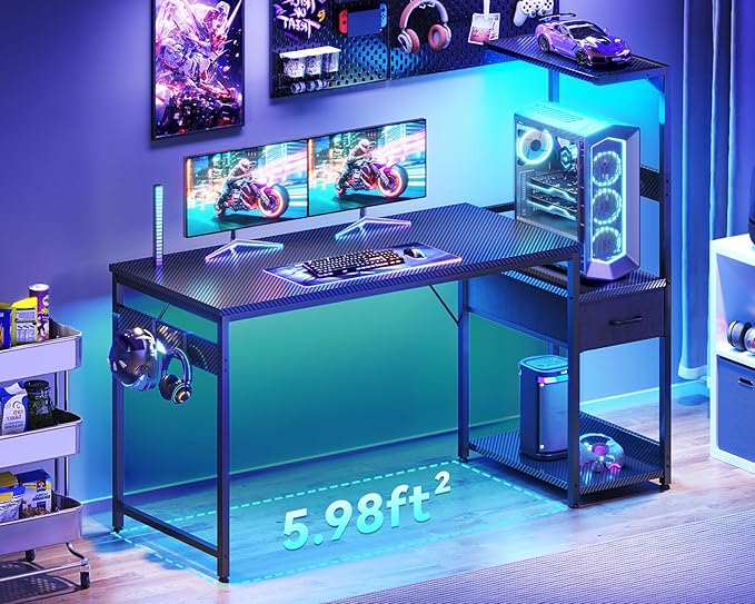 Casaottima 54 Inch Gaming Desk with Storage &amp LED Lights Reversible Computer Desk with Display Shelves &amp Fabric Drawer Modern Gamer Desk Table with Side Headphone Hook Carbon Fiber Black