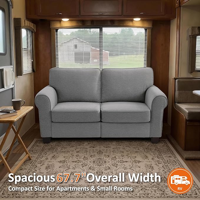 MCombo 67.7 Loveseat Sofa 2-Seater Small Couch for Small Spaces Classic Rolled Arm Upholstered Sofa with Solid Wood Legs for Living Room Removable Cover Chenille Fabric VE730 (Light Grey)