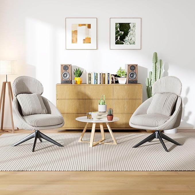 Furniliving Modern Living Room Chair Swivel Accent Chair for Living Room Desk Chair with Arms Bedroom Chair with Headrest Sofa Chair Side Chair with Pillow ArmchairCorduroy Grey