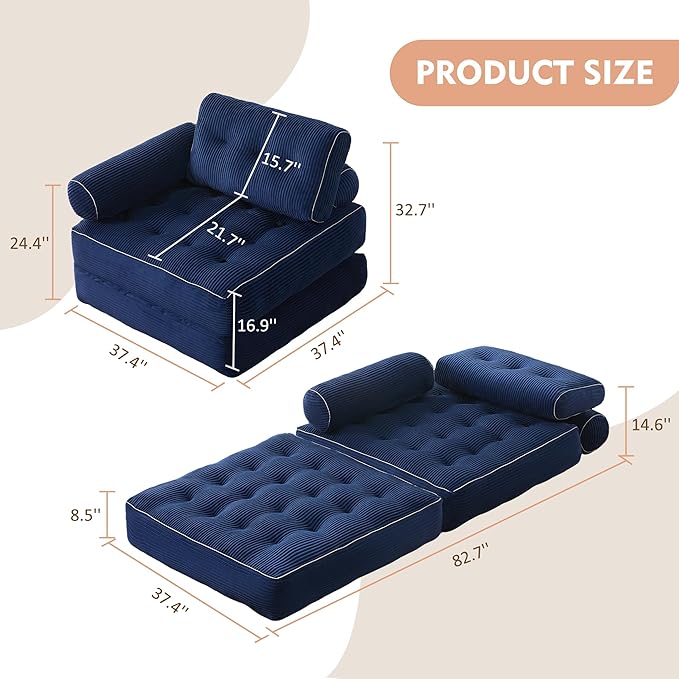 Plus Futon Sofa Bed for Small Spaces Floor Couch with Armrest Folding Sofa Couch Convertible Sleeper Chair Bed with Pillow Portable Comfy Floor Lounge for Living Room and Bedroom Blue