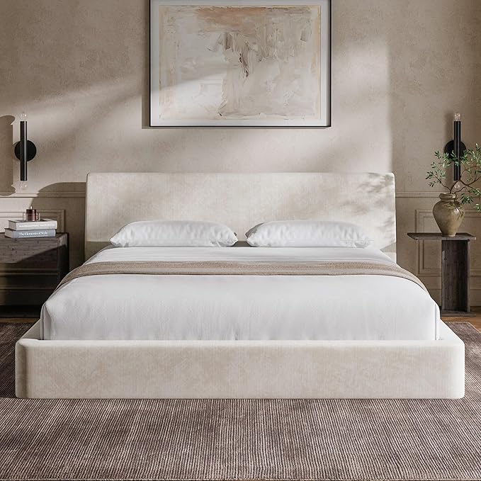 RECCI AirFrame California King Bed Frame with Ergonomic Angled Foam Cushioned Headboard Minimalist Design Platform Bed Frame No Box Spring Needed Easy Assembly (Beige Chenille)