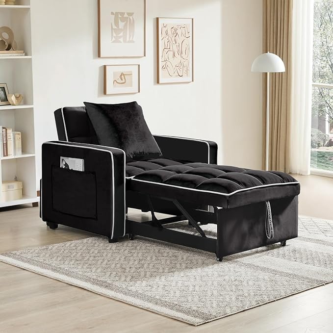 3 in 1 Velvet Sleeper Chair Pull Out Bed Convertible Single Sofa Bed Futon Modern Tufted Chair with Adjustable Backrest Pullout Sleeper Sofa Chair for Bedroom Living Room Indoor Lounge(Black)