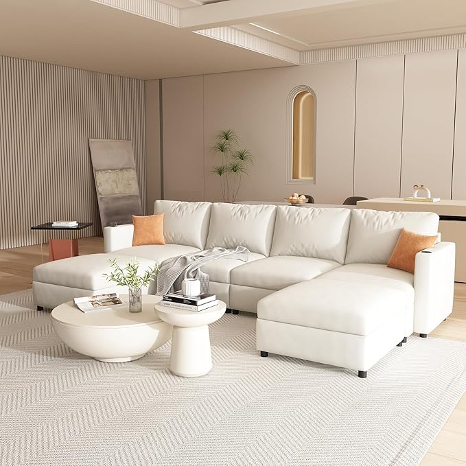 ERYE Oversized Chenille Upholstered Modular Storage Sectional Sofa Couch W/2 Movable Ottomans &amp Cupholders U-Shaped Free Combined Sofa Couch Convertible Sleeper Sofabed for Living Room Apartment