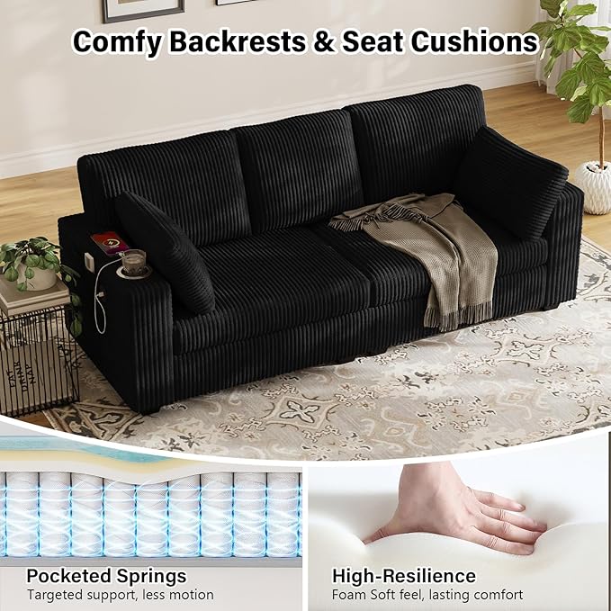 OUYESSIR 80 Loveseat Sofa for Living RoomModern Sofa with USB Charging Ports &amp Cup HoldersComfy Corduroy Couch with Upholstered Cushion3 Seater Deep Seat Couch for Small SpaceBedroom Black