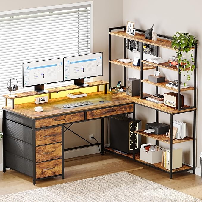 L Shaped Computer Desk with Drawers 53'' Gaming Desk with Storage Shelves Corner Computer Desk with Power Outlets &amp LED Light Home Office Desk with Monitor Stand and Pegboard Rustic Brown