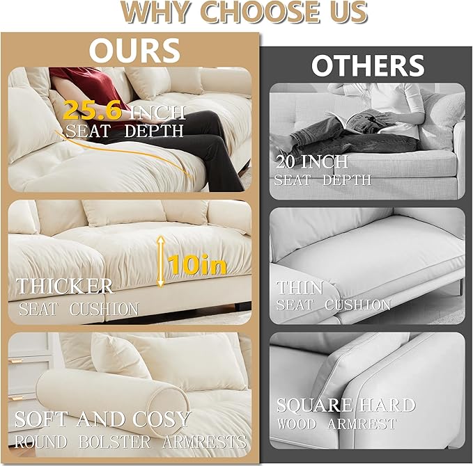 93.7 Oversized Modular Sectional Sofa 2-Seater Deep Seat Loveseat Cloud Couch with Pillows and Overthick Cushions Modern Velvet Comfy Sofa for Living Room Home Theater or Apartment Cream