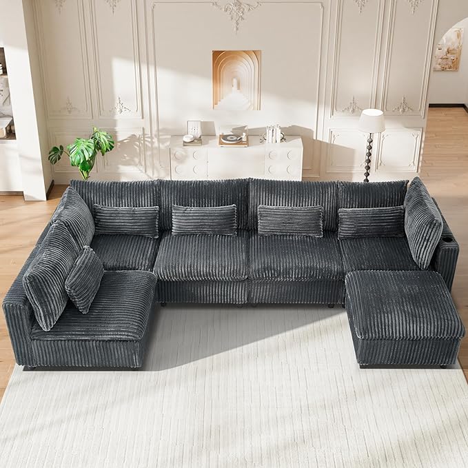 130 Oversized Cloud Couch Large Modular Sectional Sofa Modern U Shaped Sectional Couch 6 Deep Seat Sofa Set for Living Room Comfy Corduroy Cloud Sofa with Ottoman USB Port Cup Holder Dark Grey