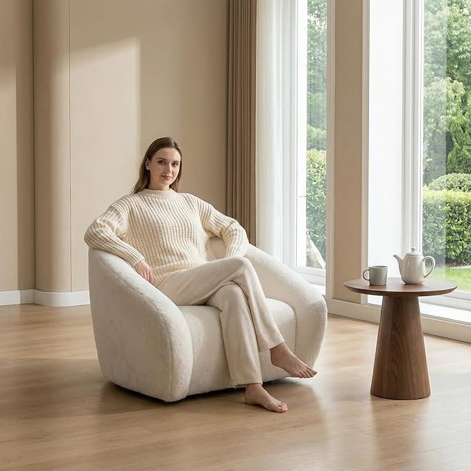 Modern Swivel Accent Chair 39 Oversized Single Sofa Chair360 Degree Swivel Barrel Chairs Upholstered Lesisure Armchair for Living Room Bedroom Cream White