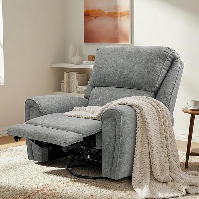 MCombo Power Swivel Rocker Recliner Chair Oversized Power Recliner Chair for Big and Tall People 400lbs Heavy Duty Recliners USB Charge Ports for Living Room Office Fabric OE678 (Light Grey)