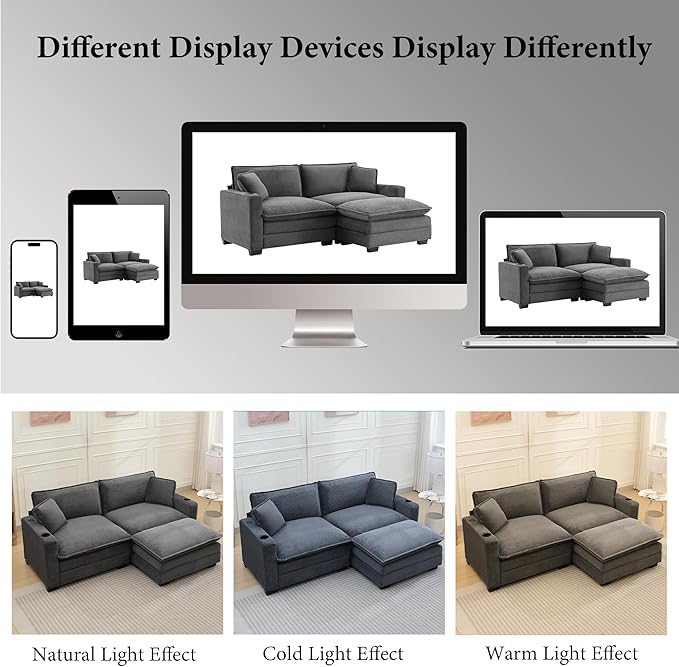 82.7 L Shaped Sectional Sofa with Cup Holders &amp USB Ports Modern Loveseat Cloud Couch with Ottoman for Living Room Apartment Small Spaces Grey Corduroy