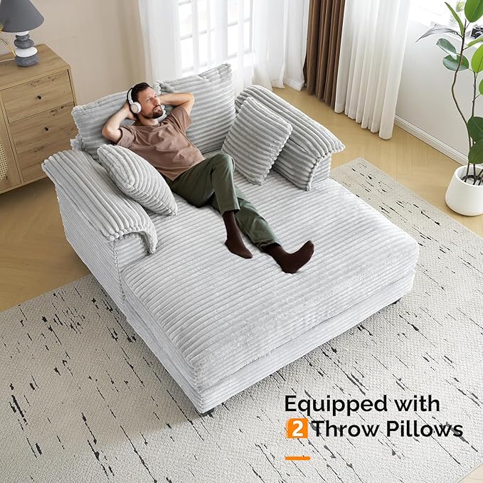 VINGLI Lounge Chair 56 Oversized Reading Chair Corduroy Chaise Sofa Recliner Bed Upholstered Comfy Sleeper Couch with Throw Pillows and Armrests for Living Room Movie Room Bedroom