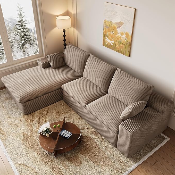 107 Cloud Couch Modular Sectional Couchs with Chaise Lounge L-Shape Boneless Couches for Living Room Corduroy Sofa with Deep Seat No Assembly Required (Camel Left Facing Chaise)
