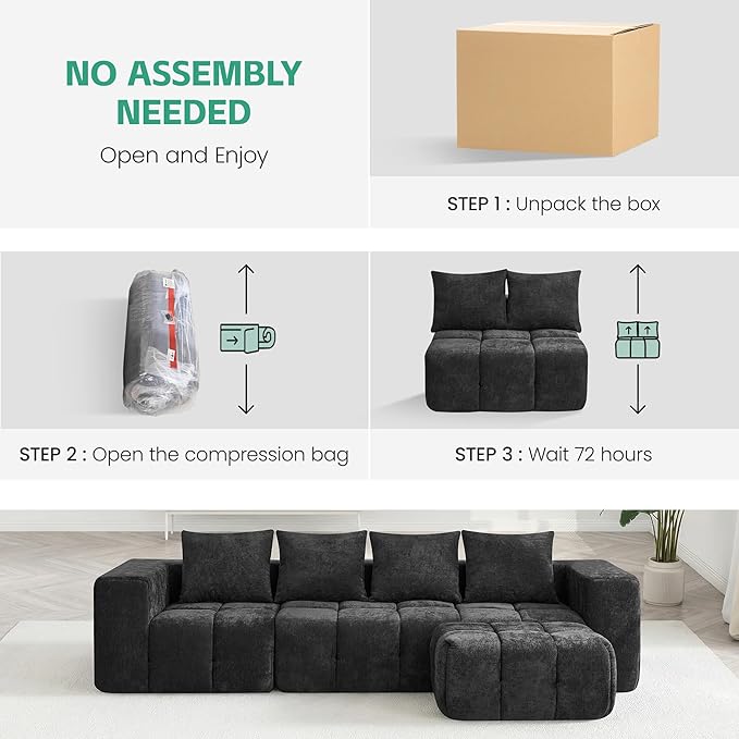 35 Boneless Ottoman Chenille Modular Sectional Cloud Couch Ottoman Comfy Upholstered Footrest for Living Room Bedroom Apartment Dark Gray