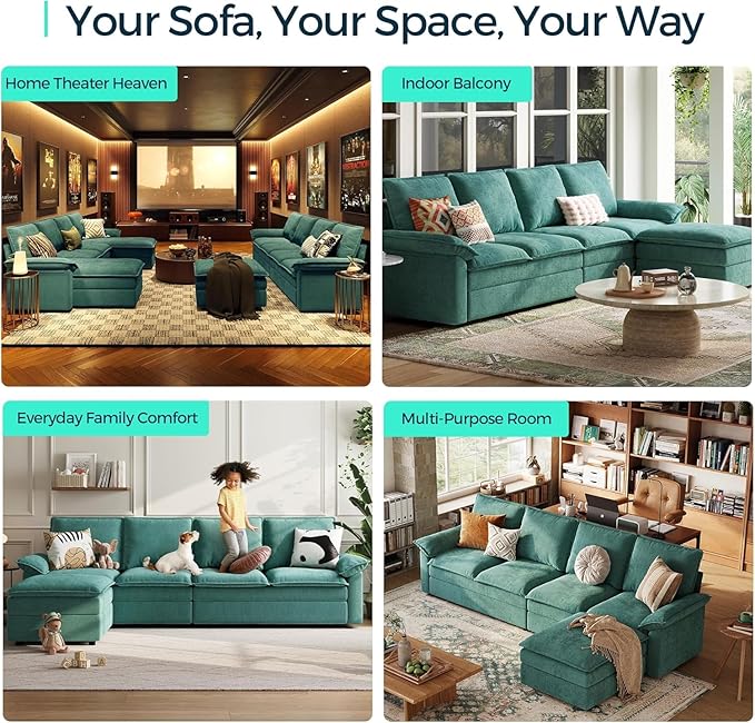 LINSY HOME Modular Sectional Couches 115 L Shaped Cloud Sofa with Ottoman Chenille 4-Seat Sofa Set for Living Room Apartment Office Green