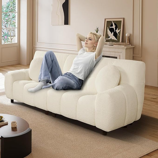 73 Boucle Cloud Sofa Couch with 2 Soft PillowsComfy Upholstered Teddy 2 Seater LoveSeat SofaModern Deep Seat Sherpa Cloud Couch Oversized Love Seat for Living Room Bedroom Apartment Beige White