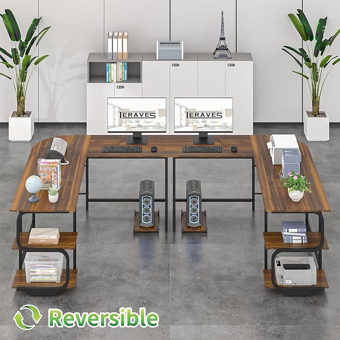 Teraves Reversible L Shaped Desk with Large Surface 69 Inch Sturdy Corner Desk with Storage Shelves Premium Office Computer Desk Workstation for Home Office Gaming