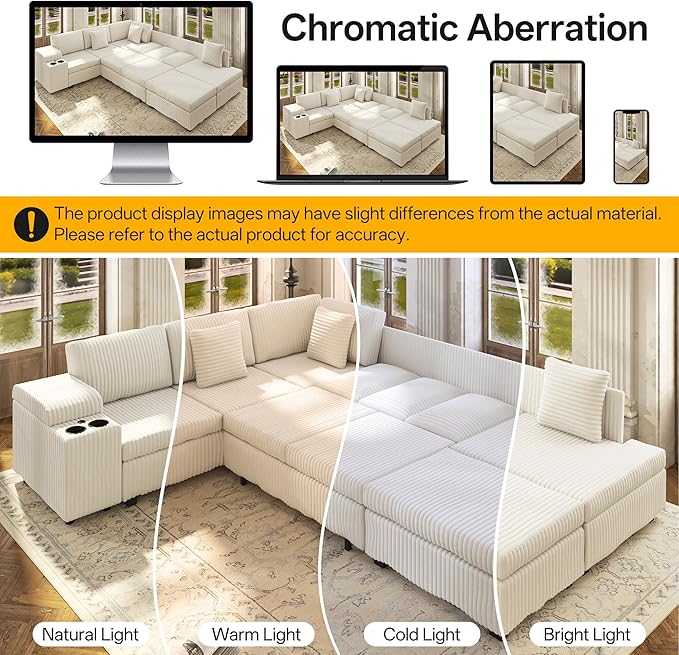 KEIKI 110 L-Shaped Oversized Plush Corduroy Modular Sectional Sofa with Pull-Out Bed Convertible 6-Seater Sleeper Couch Bed with 1 Ottomans &amp USB &amp Cup Holders Easy Assembly for Living Roo