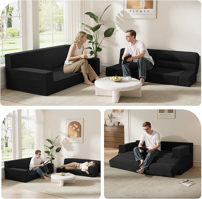MeMoreCool Boneless Couch Convertible Sofa Bed Queen Corduroy Futon Couch Sleeper Sofa Boneless Loveseat Pull Out Couch Bed Fold Out Floor Sofa for Living Room Bedroom Apartment Black