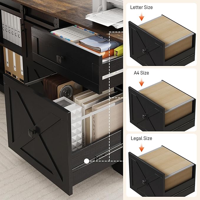 63 Farmhouse Electric Standing Desk Adjustable Height Sit Stand Corner Stand Desks L Shaped Standing Computer Desk with Power Outlets &amp Storage Drawers &amp Sliding Door for Home Office Black